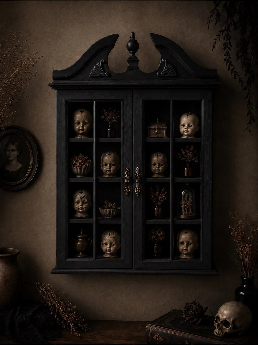 Vintage matte black curio cabinet
